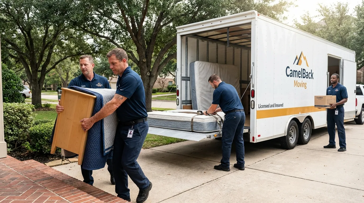 Crew loading residential truck for cross-state move from Copperopolis, CA