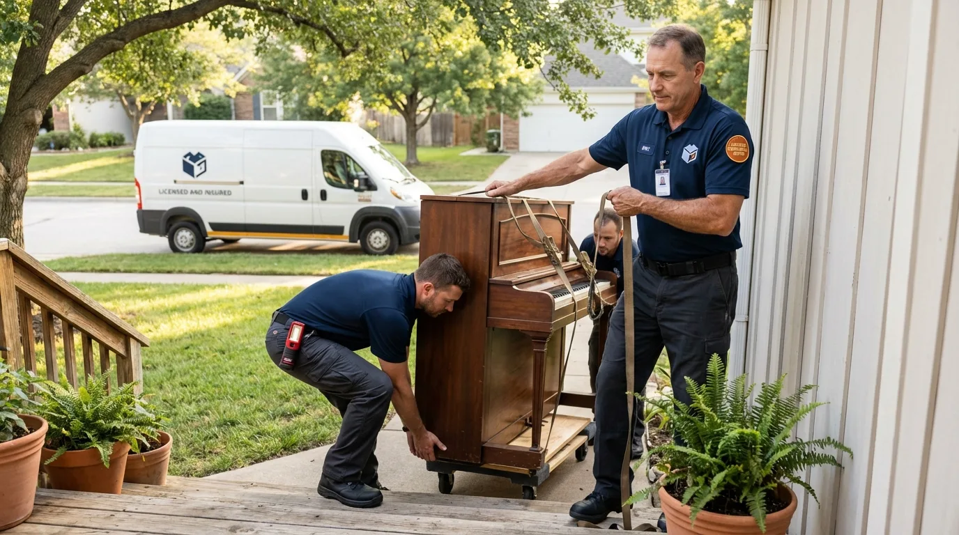 Licensed piano movers securing grand piano in Copperopolis, CA