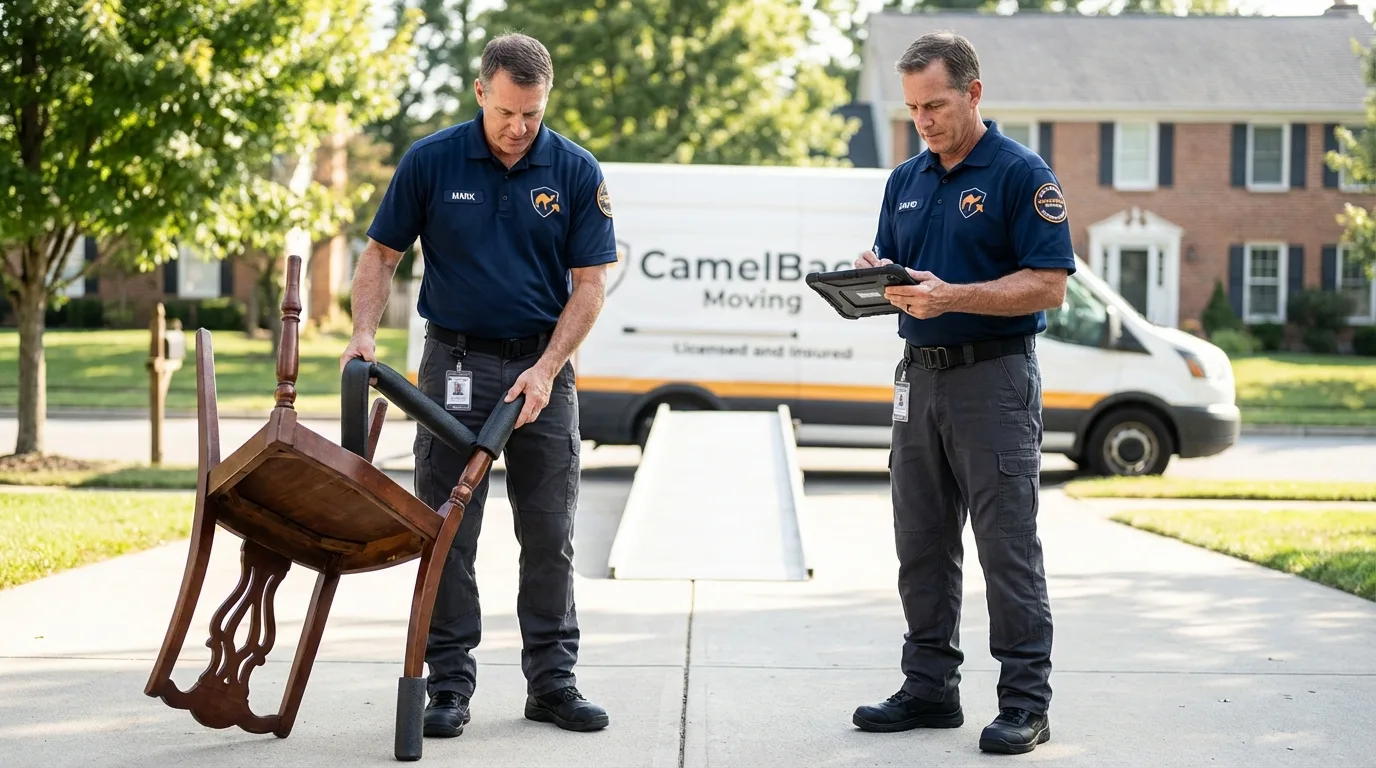 Movers inspecting furniture for damage prevention before loading in Copperopolis, CA