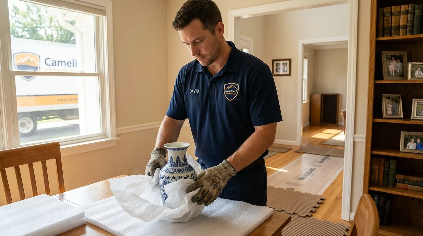 Professional crew carefully wrapping antique vase for senior downsizing move in Copperopolis, CA